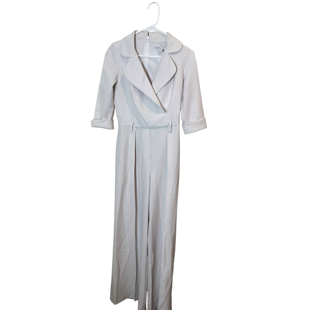 Black Halo Jumpsuit Womens 0 White 3/4 Sleeve Collared Wide Leg Lined Party